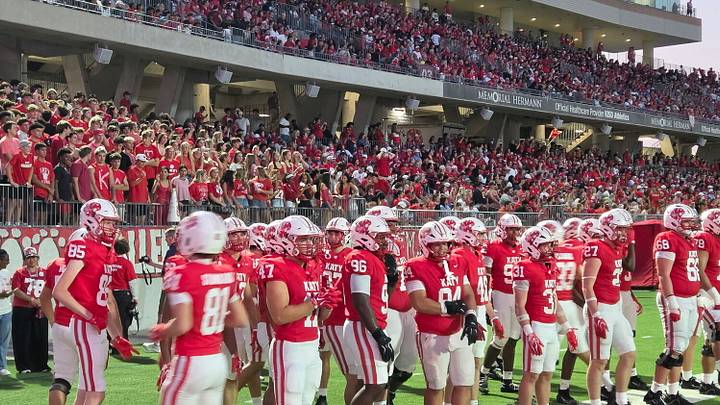 Katy High School football players get ready for kickoff at a recent ballgame. Katy High School football players get ready for kickoff at a recent ballgame.