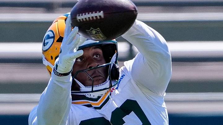 Green Bay Packers running back MarShawn Lloyd (32) catches a pass during practice on June 2.