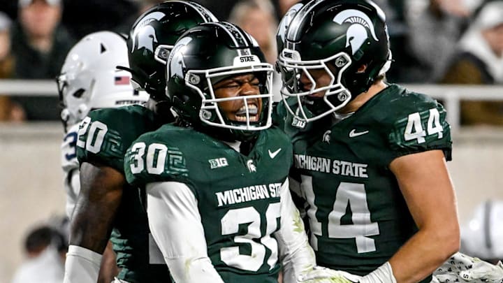 Michigan State's Aveon Grose celebrates after a special teams tackle against Penn State during the third quarter on Saturday, Nov. 15, 2025, at Spartan Stadium in East Lansing.