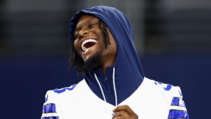 Dallas Cowboys wide receiver George Pickens laughs before the game against the Atlanta Falcons at AT&T Stadium 