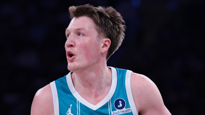 Apr 12, 2026; New York, New York, USA; Charlotte Hornets guard Kon Knueppel (7) looks to pass during the first half against the New York Knicks at Madison Square Garden. Mandatory Credit: Vincent Carchietta-Imagn Images