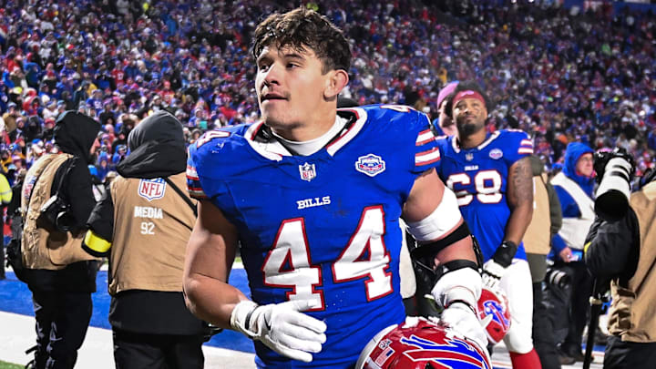 Jan 4, 2026; Orchard Park, New York, USA; Buffalo Bills linebacker Joe Andreessen (44) leaves the field after a game against the New York Jets at Highmark Stadium.