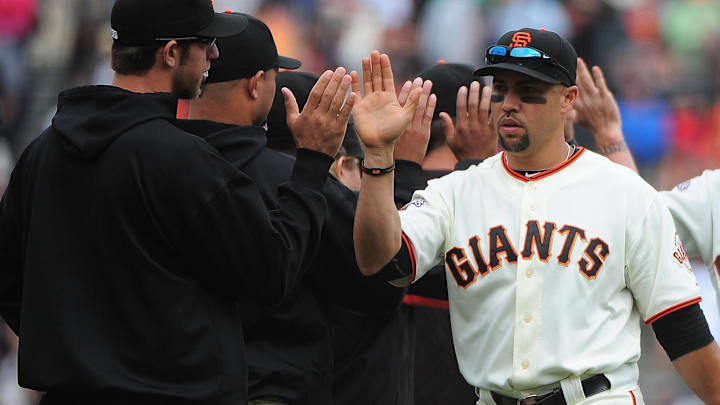 San Francisco Giants right fielder Carlos Beltran (15) celebrates with teammates after a win. San Francisco Giants right fielder Carlos Beltran (15) celebrates with teammates after a win.
