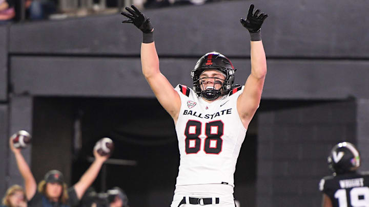 Oct 19, 2024; Nashville, Tennessee, USA;  Ball State Cardinals tight end Tanner Koziol (88) celebrates his touchdown with tight end Christian Abney (87) against the Vanderbilt Commodores during the second half at FirstBank Stadium. Mandatory Credit: Steve Roberts-Imagn Images