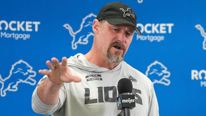 Detroit Lions head coach Dan Campbell speaks to members of the media at the Detroit Lions practice facility in Allen Park on Monday, Jan. 20, 2025, following his team’s NFC divisional playoff loss.