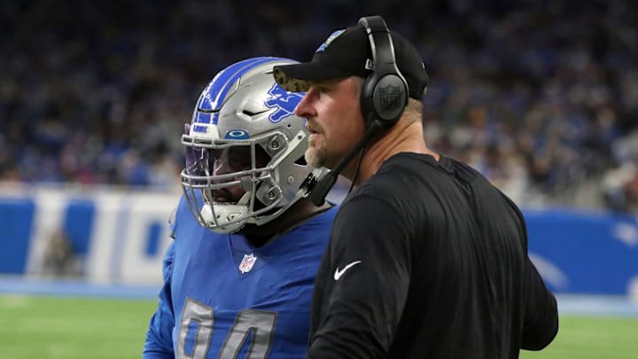 Lions coach Dan Campbell and defensive tackle Benito Jones on the sidelines during the Lions' 34-23 win over the Vikings on Sunday, Dec. 11, 2022, at Ford Field