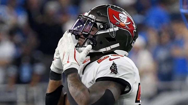 Sep 15, 2024; Detroit, Michigan, USA; Tampa Bay Buccaneers safety Christian Izien (29) celebrates against the Detroit Lions in the fourth quarter at Ford Field. Mandatory Credit: Eamon Horwedel-Imagn Images Sep 15, 2024; Detroit, Michigan, USA; Tampa Bay Buccaneers safety Christian Izien (29) celebrates against the Detroit Lions in the fourth quarter at Ford Field. Mandatory Credit: Eamon Horwedel-Imagn Images