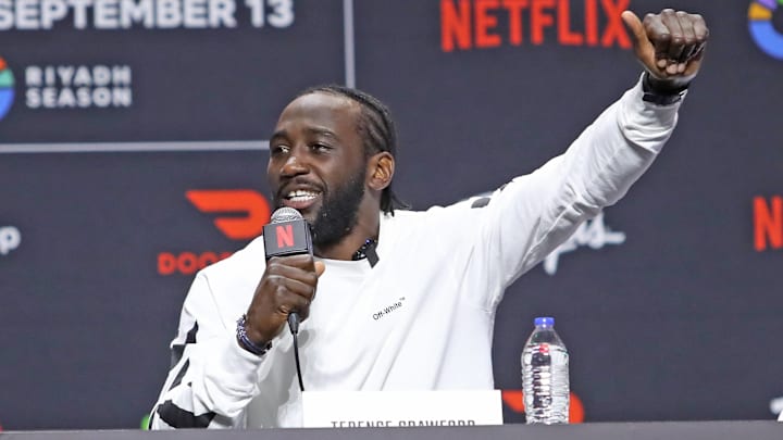 Terence Crawford at the final press conference before he faces off with Canelo Álvarez in a supefight on Saturday, September 13. Terence Crawford at the final press conference before he faces off with Canelo Álvarez in a supefight on Saturday, September 13.