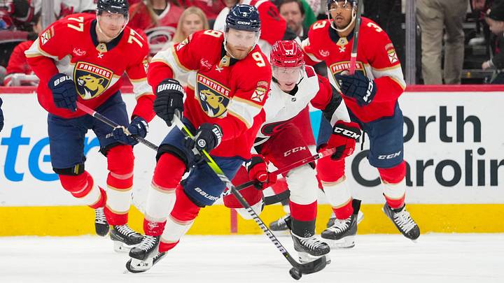Dec 23, 2025; Raleigh, North Carolina, USA; Florida Panthers center Sam Bennett (9) skates with the puck against the Carolina Hurricanes during the second period at Lenovo Center. Mandatory Credit: James Guillory-Imagn Images Dec 23, 2025; Raleigh, North Carolina, USA; Florida Panthers center Sam Bennett (9) skates with the puck against the Carolina Hurricanes during the second period at Lenovo Center. Mandatory Credit: James Guillory-Imagn Images