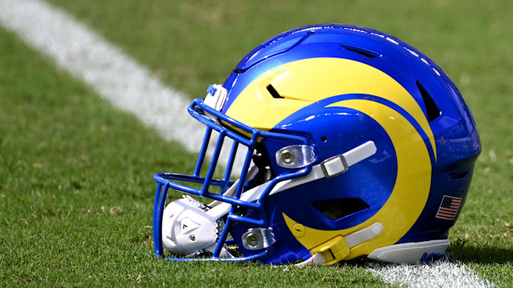 Sep 21, 2025; Philadelphia, Pennsylvania, USA; A Los Angeles Rams helmet during warm-ups against the Philadelphia Eagles at Lincoln Financial Field. Mandatory Credit: Eric Hartline-Imagn Images