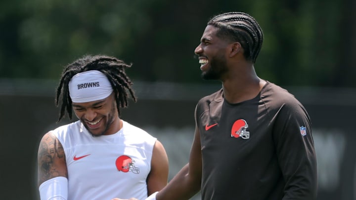 Browns quarterback Shedeur Sanders (right) chats with wide receiver Gage Larvadain after practice, Tuesday, June 10, 2025, in Berea.