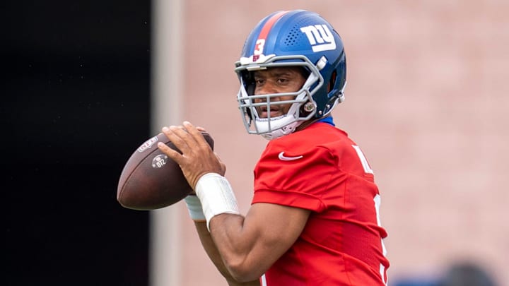 Russell Wilson, quarterback with the NY Giants, is shown during a practice at Quest Diagnostics Training Center, East Rutherford, NJ, May 28, 2025. Russell Wilson, quarterback with the NY Giants, is shown during a practice at Quest Diagnostics Training Center, East Rutherford, NJ, May 28, 2025.
