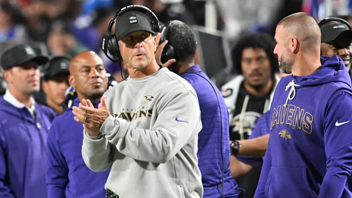 Sep 7, 2025; Orchard Park, New York, USA;  Baltimore Ravens head coach John Harbaugh looks on during the third quarter against the Buffalo Bills at Highmark Stadium. Mandatory Credit: Mark Konezny-Imagn Images