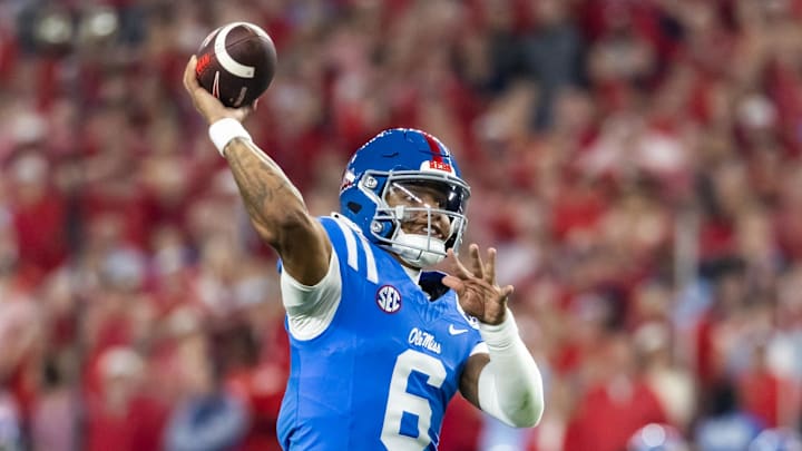 Jan 8, 2026; Glendale, AZ, USA; Detailed view of the jersey of Mississippi Rebels quarterback Trinidad Chambliss (6) against the Miami Hurricanes during the 2026 Fiesta Bowl and semifinal game of the College Football Playoff at State Farm Stadium. Mandatory Credit: Mark J. Rebilas-Imagn Images