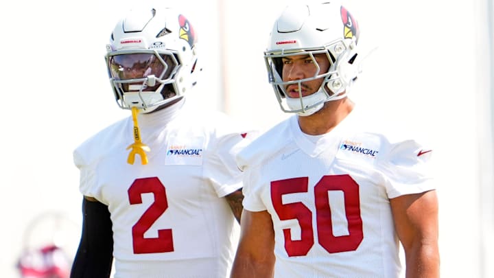 Arizona Cardinals inside linebackers Cody Simon (50) and Mack Wilson Sr. (2) during minicamp at the Cardinals training center in Tempe on June 11, 2025.