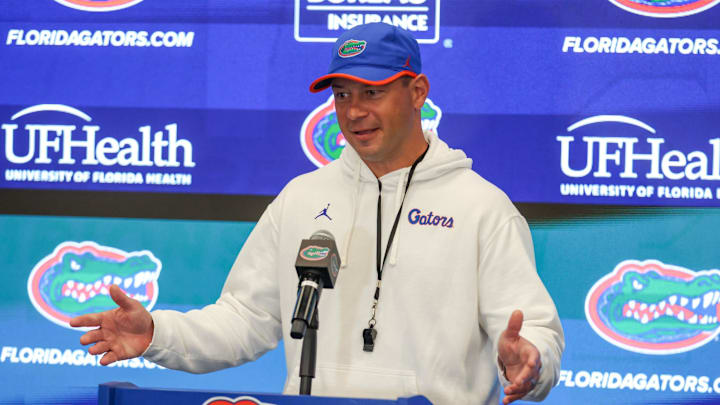 Florida head coach Jon Sumrall speaks after spring practice at Sanders Practice Fields in Gainesville, FL on Tuesday, April 7, 2026. [Alan Youngblood/Gainesville Sun]