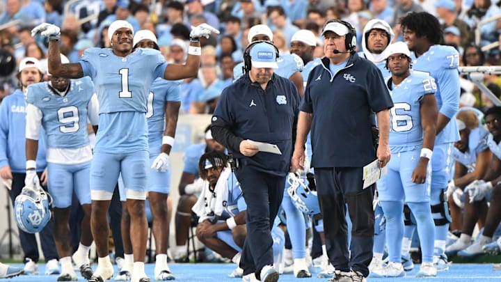 Nov 22, 2025; Chapel Hill, North Carolina, USA; North Carolina Tar Heels head coach Bill Belichick watches play during the first half against the Duke Blue Devils at Kenan Stadium. Mandatory Credit: William Howard-Imagn Images