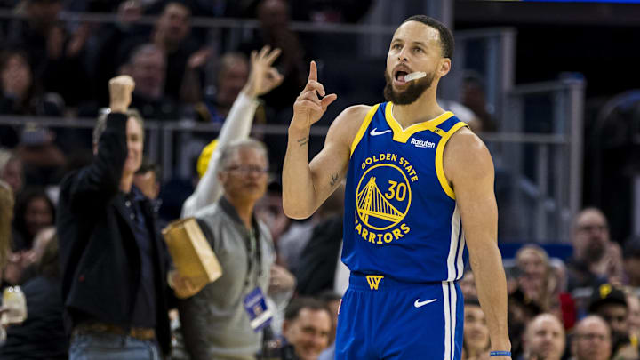 Mar 10, 2025; San Francisco, California, USA; Golden State Warriors guard Stephen Curry (30) reacts after hitting a  three-point shot against the Portland Trail Blazers during the third quarter at Chase Center. Mandatory Credit: John Hefti-Imagn Images