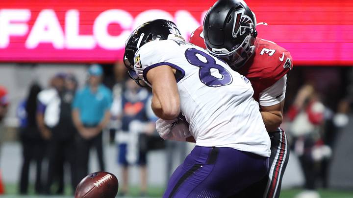 Oct 11, 2026; Atlanta, Georgia, USA;  Atlanta Falcons safety Jessie Bates III (3) breaks up a two point conversion attempt during the third quarter Baltimore Ravens tight end Mark Andrews (89) at Mercedes-Benz Stadium.  Mandatory Credit: Brett Davis-Imagn Images