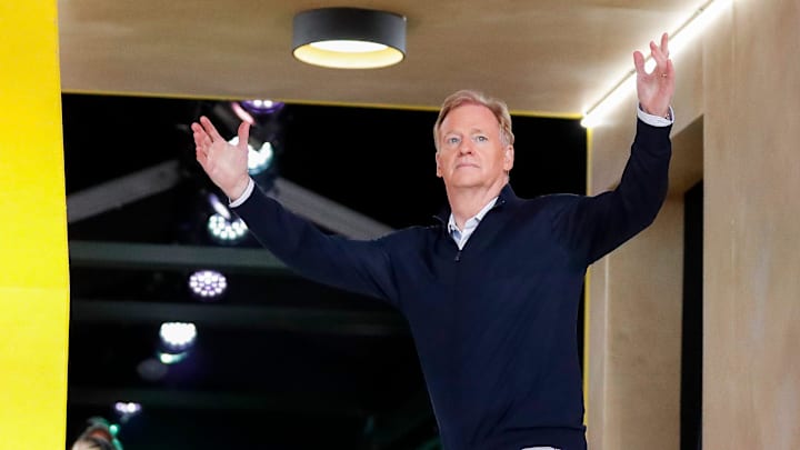 NFL Commissioner Roger Goodell taunts the crowd as they boo before the second round of the 2025 NFL Draft
