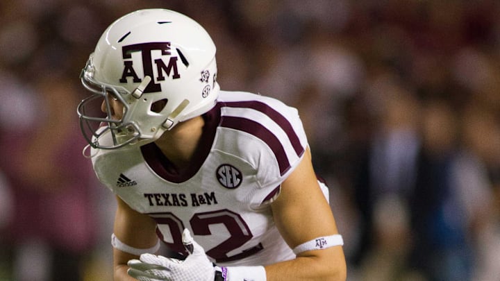 Aug 28, 2014; Columbia, SC, USA; Texas A&M Aggies wide receiver Boone Niederhofer (82) lines up during the second half against the South Carolina Gamecocks at Williams-Brice Stadium. Texas A&M defeated South Carolina 52-28. Mandatory Credit: Jeremy Brevard-Imagn Images