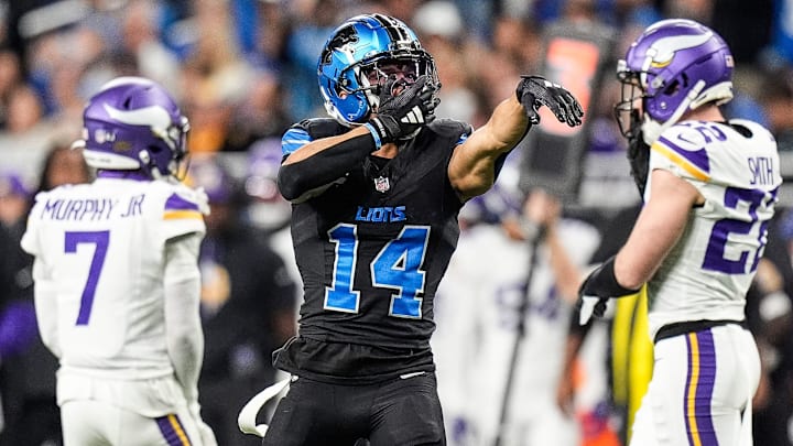 Detroit Lions wide receiver Amon-Ra St. Brown (14) celebrates a first down against Minnesota Vikings during the second half at Ford Field in Detroit on Sunday, Jan. 5, 2025.