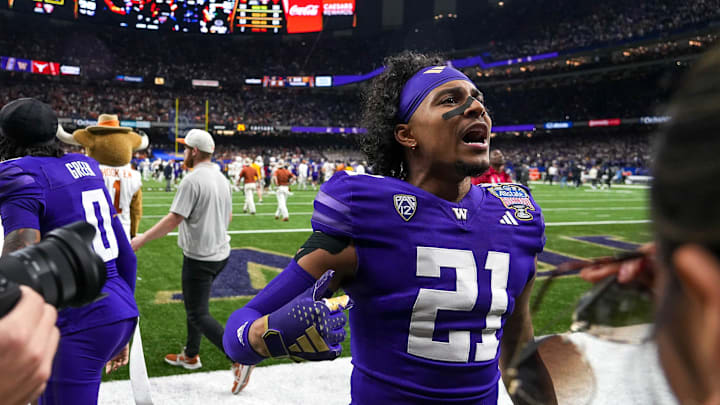 Huskies nickelback Dyson McCutcheon is shown after beating Texas 37-31 in the Sugar Bowl and CFP semifinals game on Jan. 1.