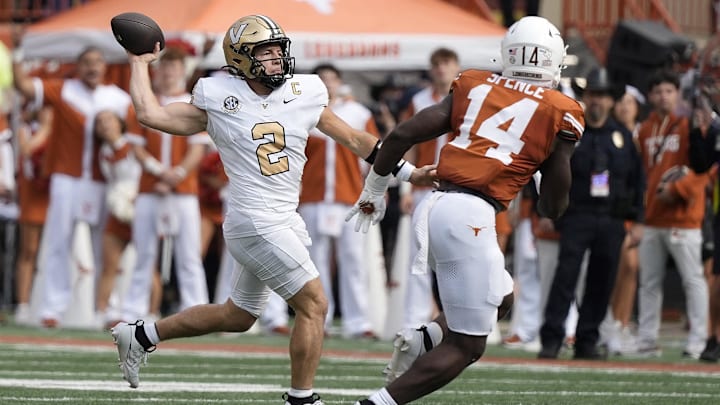 Nov 1, 2025; Austin, Texas, USA; Vanderbilt Commodores quarterback Diego Pavia (2) throws a pass during the first half against the Texas Longhorns at Darrell K Royal-Texas Memorial Stadium. Mandatory Credit: Scott Wachter-Imagn Images