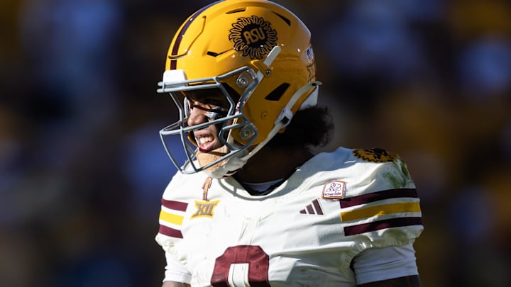 Oct 18, 2025; Tempe, Arizona, USA; Arizona State Sun Devils wide receiver Jordyn Tyson (0) against the Texas Tech Red Raiders at Mountain America Stadium. Mandatory Credit: Mark J. Rebilas-Imagn Images