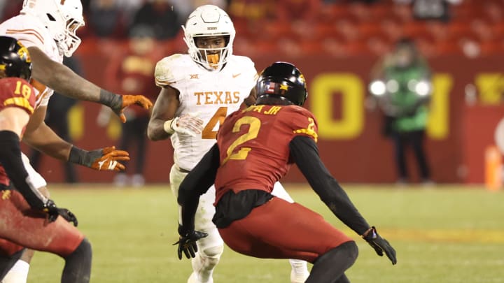 Nov 18, 2023; Ames, Iowa, USA; Iowa State Cyclones defensive back T.J. Tampa (2) looks to tackle