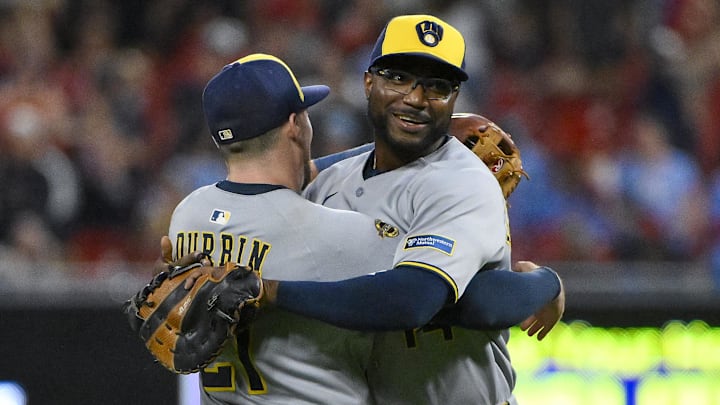 Sep 20, 2025; St. Louis, Missouri, USA; Milwaukee Brewers first baseman Andruw Monasterio (14) celebrates with third baseman Caleb Durbin (21) after the Brewers defeated the St. Louis Cardinals at Busch Stadium. Mandatory Credit: Jeff Curry-Imagn Images