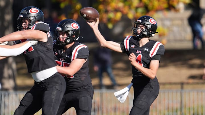 Rye quarterback Carson Miller (4) fires a pass from the pocket during their 24-0 win over Harrison in football action at Rye High School on Saturday, October 26, 2024.