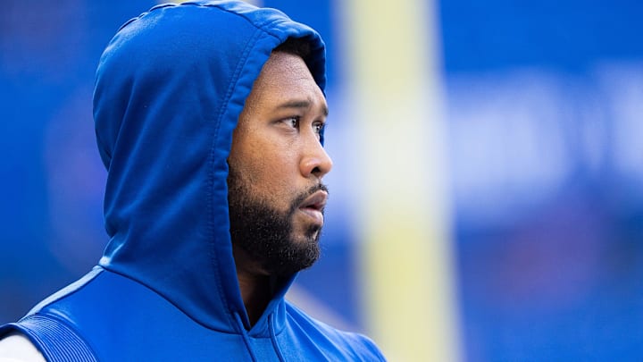 Indianapolis Colts defensive tackle Deforest Buckner (99) makes his way onto the field for warmups Sunday, Oct. 12, 2025, ahead of the game against the Arizona Cardinals at Lucas Oil Stadium in Indianapolis.