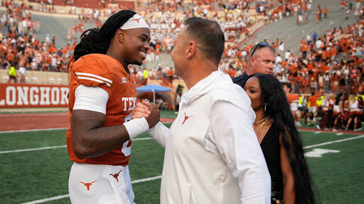 Texas Longhorns quarterback Maalik Murphy celebrates head coach Steve Sarkisian aftre the win over the BYU Cougars at Royal-Memorial Stadium on Saturday October 28, 2023. Texas Longhorns quarterback Maalik Murphy celebrates head coach Steve Sarkisian aftre the win over the BYU Cougars at Royal-Memorial Stadium on Saturday October 28, 2023.