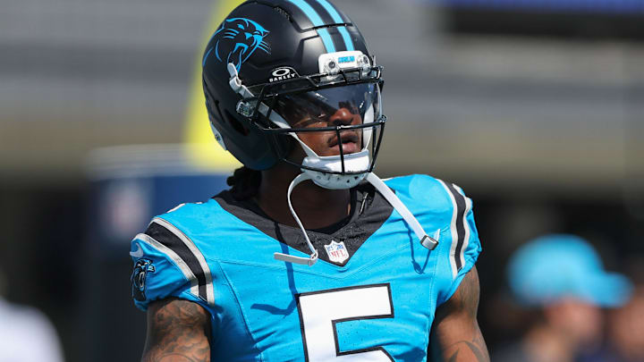 Sep 21, 2025; Charlotte, North Carolina, USA; Carolina Panthers running back Rico Dowdle (5) seen during wam ups of a game between Carolina Panthers and the Atlanta Falcons at Bank of America Stadium. 