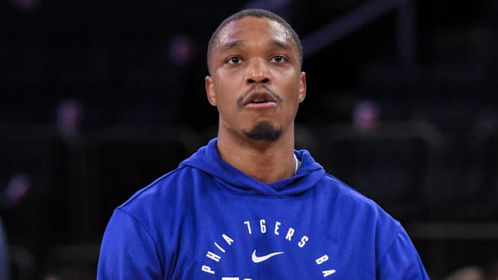 Apr 1, 2025; New York, New York, USA; Philadelphia 76ers guard Lonnie Walker IV (16) warms up before a game against the New York Knicks at Madison Square Garden. Mandatory Credit: John Jones-Imagn Images