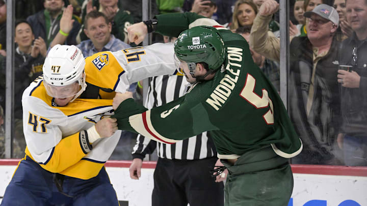 Jan 25, 2024; Saint Paul, Minnesota, USA; Nashville Predators forward Michael McCarron (47) and