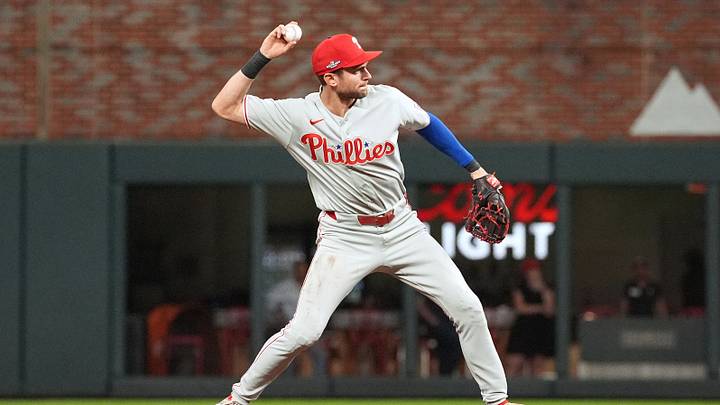 Oct 1, 2026; Cumberland, Georgia, USA;  Philadelphia Phillies infielder Trea Turner (7) throws to second base for an out after fielding a ground ball hit by Atlanta Braves catcher Drake Baldwin (not pictured) during the second inning in game three of the Wildcard round for the 2026 MLB Playoffs at Truist Field.  Mandatory Credit: Dale Zanine-Imagn Images