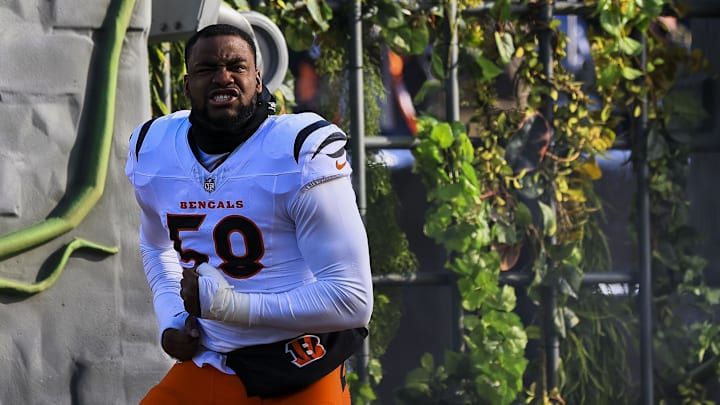 Dec 14, 2025; Cincinnati, Ohio, USA; Cincinnati Bengals defensive end Joseph Ossai (58) runs onto the field before the game against the Baltimore Ravens at Paycor Stadium. Mandatory Credit: Katie Stratman-Imagn Images
