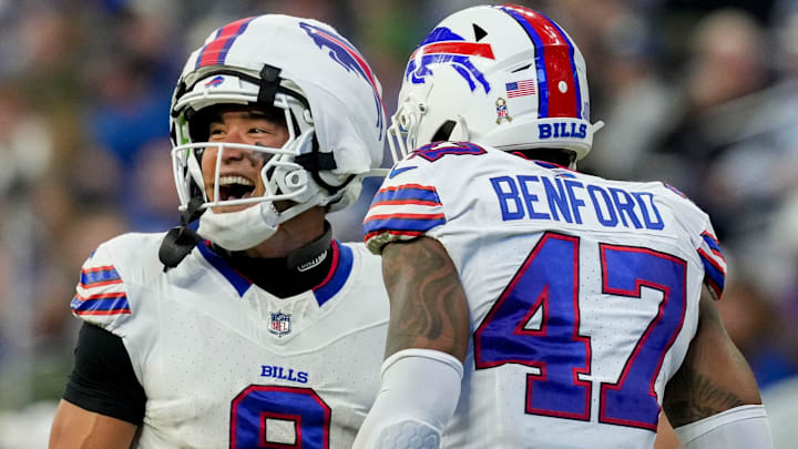 Buffalo Bills safety Taylor Rapp (9) celebrates after making an interception Sunday, Nov. 10, 2024, during a game against the Indianapolis Colts at Lucas Oil Stadium in Indianapolis.
