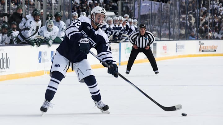 Jan 31, 2026; State College, PA, USA; Penn State Nittany Lions forward Gavin McKenna (72) looks to shoot the puck during the first period against the Michigan State Spartans at Beaver Stadium. Mandatory Credit: Matthew O'Haren-Imagn Images