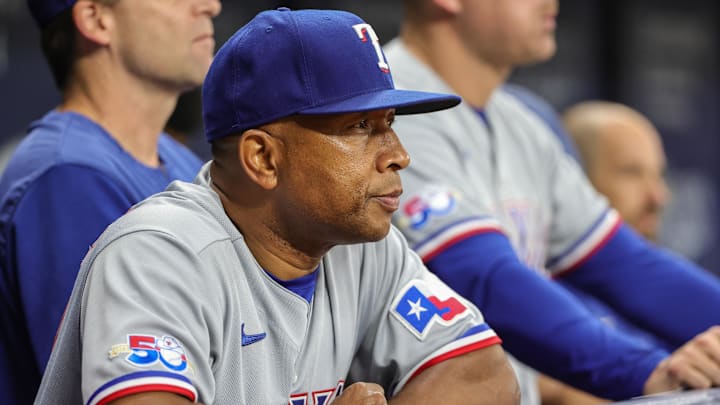 Sep 17, 2022; St. Petersburg, Florida, USA; Texas Rangers interim manager Tony Beasley (27) looks on during the fifth inning against the Tampa Bay Rays at Tropicana Field. Mandatory Credit: Mike Watters-Imagn Images