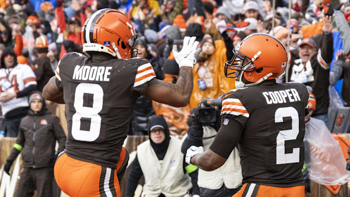 Dec 17, 2023; Cleveland, Ohio, USA; Cleveland Browns wide receiver Amari Cooper (2) celebrates his