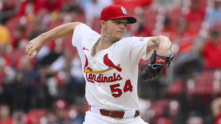 May 19, 2025; St. Louis, Missouri, USA;  St. Louis Cardinals starting pitcher Sonny Gray (54) pitches against the Detroit Tigers during the first inning at Busch Stadium. Mandatory Credit: Jeff Curry-Imagn Images