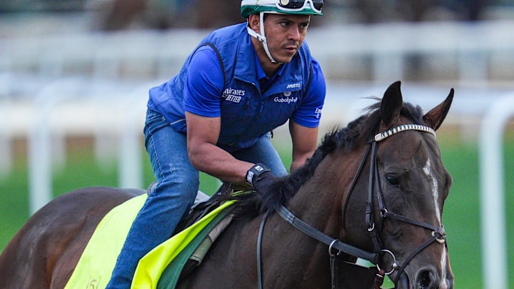 2025 Kentucky Derby contender Sovereignty, trained by Bill Mott, works April 26, 2025 at Churchill Downs in Louisville, Kentucky. The horse is 2-2-0 in five starts.
