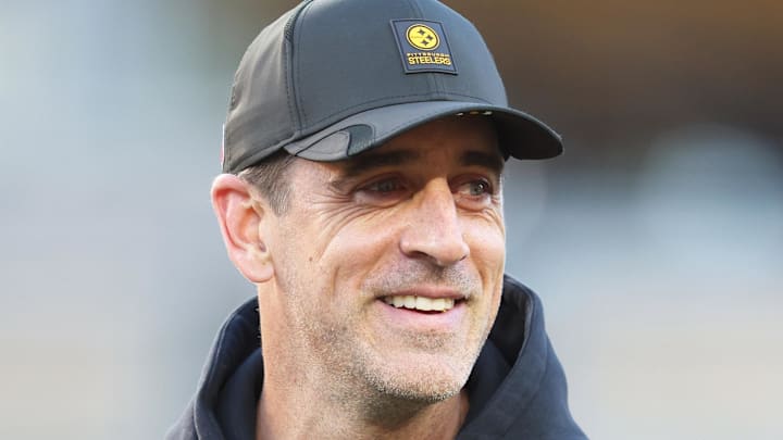 Steelers quarterback Aaron Rodgers reacts on the field before the game against the Packers.