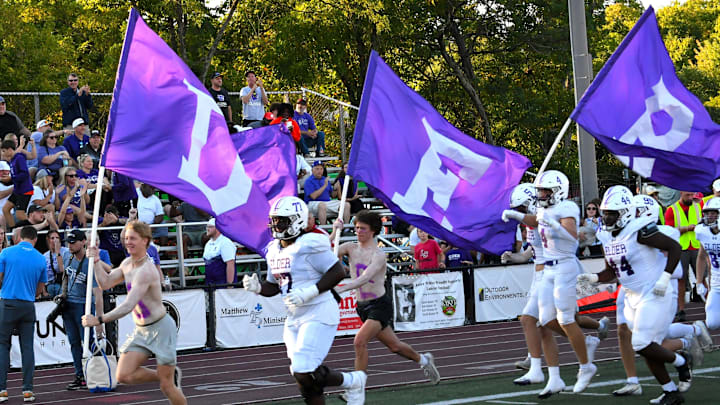 The Elder Panthers take the field for the start of the Elder vs. La Salle football game at Lancers Stadium, Sept. 12, 2025.