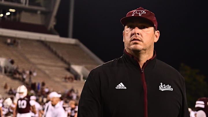 Aug 31, 2024; Starkville, Mississippi, USA;  Mississippi State Bulldogs head coach Jeff Lebby walks off the field after defeating the Eastern Kentucky Colonels at Davis Wade Stadium at Scott Field. Mandatory Credit: Matt Bush-Imagn Images