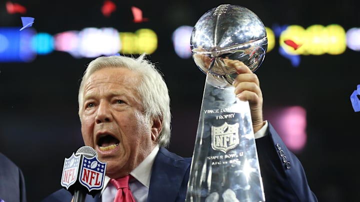 Feb 5, 2017; Houston, TX, USA; New England owner Robert Kraft celebrate with the Vince Lombardi Trophy after beating the Atlanta Falcons during Super Bowl LI at NRG Stadium. Mandatory Credit: Matthew Emmons-Imagn Images Feb 5, 2017; Houston, TX, USA; New England owner Robert Kraft celebrate with the Vince Lombardi Trophy after beating the Atlanta Falcons during Super Bowl LI at NRG Stadium. Mandatory Credit: Matthew Emmons-Imagn Images