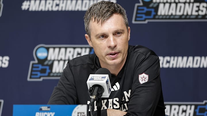 Mar 18, 2026; Oklahoma City, OK, USA; Texas A&M Aggies head coach Bucky McMillan speaks to the media during a press conference ahead of the first round of the men's 2026 NCAA Tournament at Paycom Center. Mandatory Credit: Alonzo Adams-Imagn Images Mar 18, 2026; Oklahoma City, OK, USA; Texas A&M Aggies head coach Bucky McMillan speaks to the media during a press conference ahead of the first round of the men's 2026 NCAA Tournament at Paycom Center. Mandatory Credit: Alonzo Adams-Imagn Images